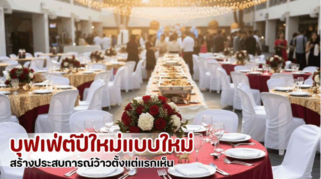 บุฟเฟ่ต์ปีใหม่ 2026 จัดเลี้ยงสไตล์ใหม่ อาหารน่าทาน โต๊ะอาหารตกแต่งสวยงาม มีโซน Food Station และ Dessert Bar เหมาะกับการถ่ายรูปและสร้างประสบการณ์ว้าวสำหรับแขก